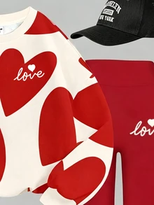 Sweet Oat Color Set, Abstract Geometric Heart Pattern Print, Tween Girl Casual Comfortable Soft Warm Crew Neck Long Sleeve Sweatshirt & Leggings, Suitable For Autumn/Winter Daily Wear, Maillard Color Palette, Holiday, Cozy Season - White - View 5