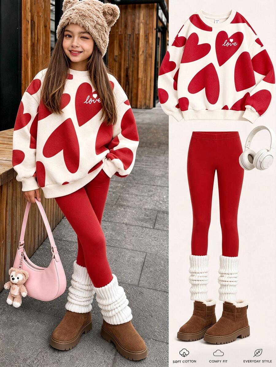 Sweet Oat Color Set, Abstract Geometric Heart Pattern Print, Tween Girl Casual Comfortable Soft Warm Crew Neck Long Sleeve Sweatshirt & Leggings, Suitable For Autumn/Winter Daily Wear, Maillard Color Palette, Holiday, Cozy Season - White - View 1