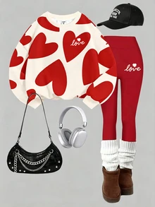 Sweet Oat Color Set, Abstract Geometric Heart Pattern Print, Tween Girl Casual Comfortable Soft Warm Crew Neck Long Sleeve Sweatshirt & Leggings, Suitable For Autumn/Winter Daily Wear, Maillard Color Palette, Holiday, Cozy Season - White - View 2