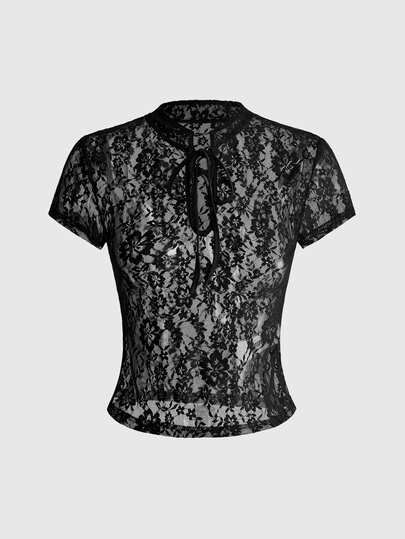 ROMWE Avant Women's New Chinese Style Short Sleeve T-Shirt With Tie-Up Hollow Water Drop Lace, Sexy Streetwear Black