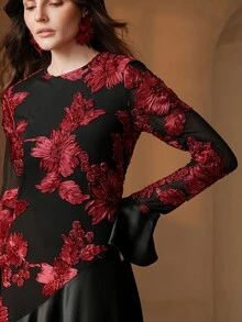 Anewsta 女式花卉纹理拼接圆领喇叭袖优雅连衣裙，适合春季、夏季、节日、优雅场合、假日、度假、休闲装 - 黑色 - 查看 7