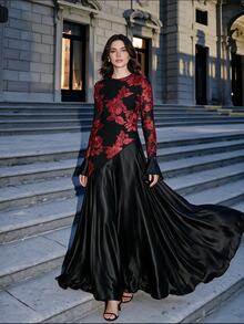 Anewsta 女式花卉纹理拼接圆领喇叭袖优雅连衣裙，适合春季、夏季、节日、优雅场合、假日、度假、休闲装 - 黑色 - 查看 9