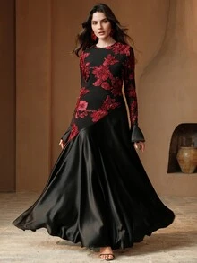 Anewsta 女式花卉纹理拼接圆领喇叭袖优雅连衣裙，适合春季、夏季、节日、优雅场合、假日、度假、休闲装 - 黑色 - 查看 6