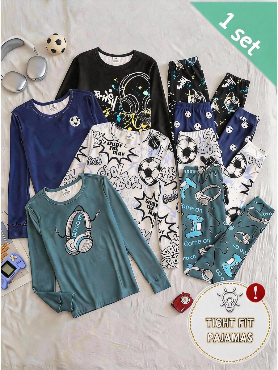 Conjunto de 2 piezas para adolescentes con top de cuello redondo de manga larga con estampado de consola de juegos popular & pantalones largos ajustados con estampado integral - Negro - Ver 1