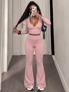 Pariaura Women's Solid Color Versatile Long Sleeve Criss-Cross Top And Flared Leg Pants Sports Set - Pink - View 5