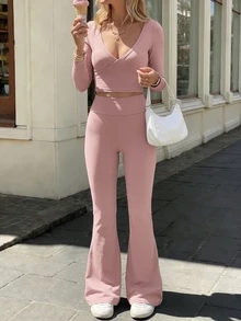 Pariaura Women's Solid Color Versatile Long Sleeve Criss-Cross Top And Flared Leg Pants Sports Set - Pink - View 1