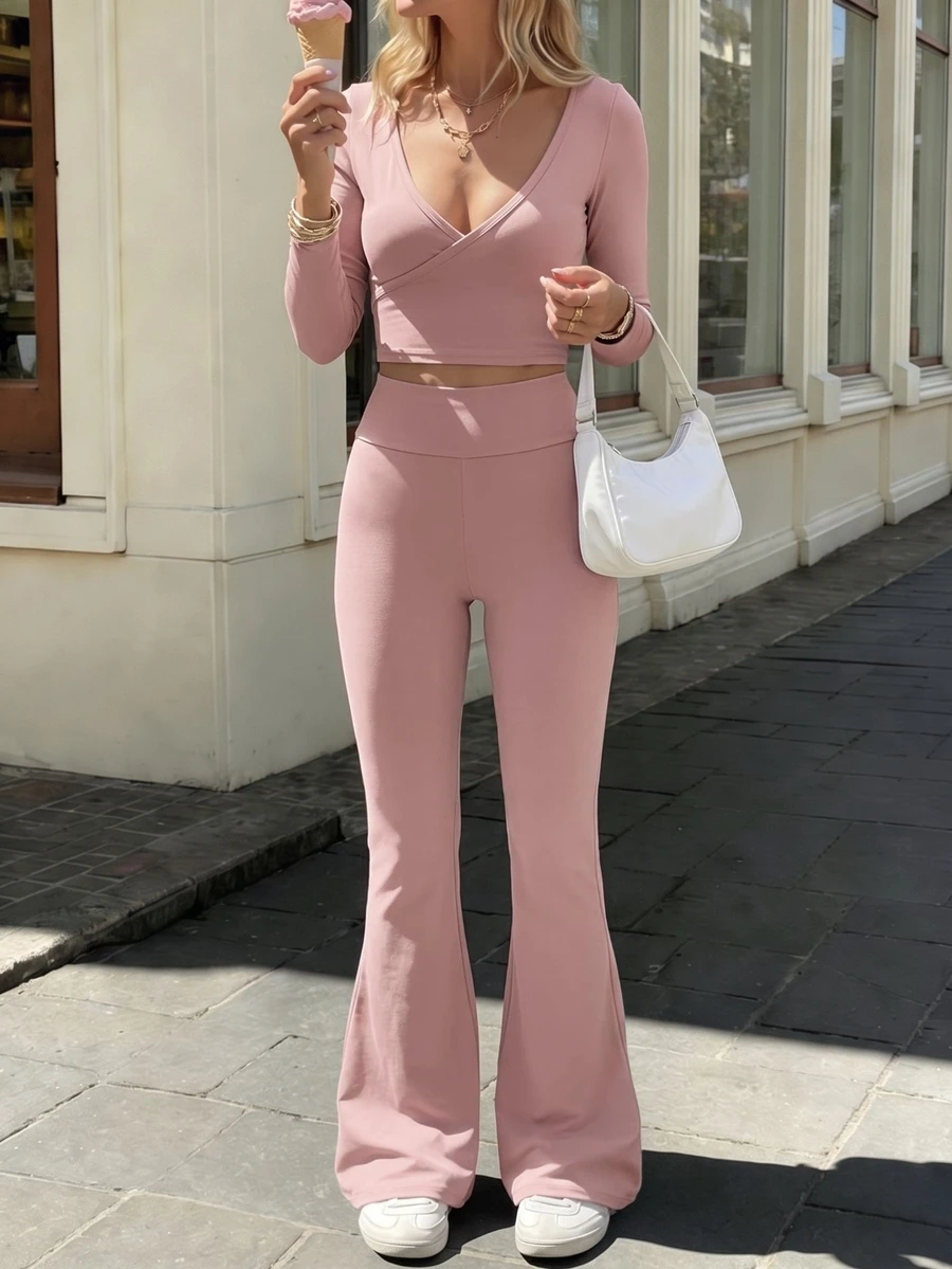 Pariaura Women's Solid Color Versatile Long Sleeve Criss-Cross Top And Flared Leg Pants Sports Set - Pink - View 1