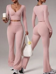 Pariaura Women's Solid Color Versatile Long Sleeve Criss-Cross Top And Flared Leg Pants Sports Set - Pink - View 2