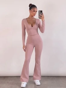 Pariaura Women's Solid Color Versatile Long Sleeve Criss-Cross Top And Flared Leg Pants Sports Set - Pink - View 3
