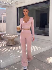 Pariaura Women's Solid Color Versatile Long Sleeve Criss-Cross Top And Flared Leg Pants Sports Set - Pink - View 6