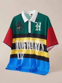 HARRY POTTER X SHEIN Men's Colorblock Patchwork Polo Shirt - Multicolor - View 3
