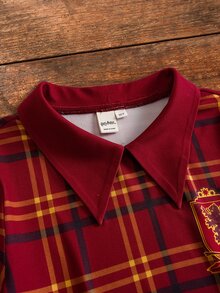 HARRY POTTER X SHEIN Tween Girl Plaid Pleated Casual Daily Outing Dress - Red - View 4