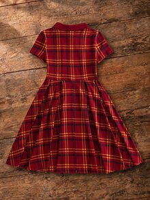 HARRY POTTER X SHEIN Tween Girl Plaid Pleated Casual Daily Outing Dress - Red - View 2