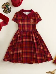 HARRY POTTER X SHEIN Tween Girl Plaid Pleated Casual Daily Outing Dress - Red - View 3