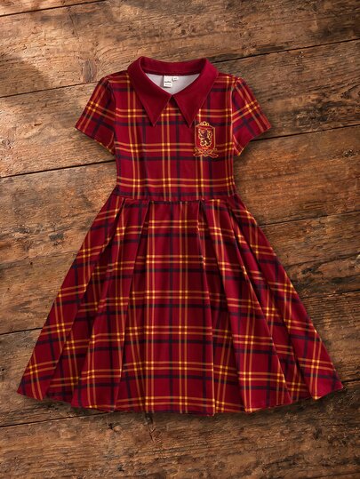 HARRY POTTER X SHEIN Robe décontractée à carreaux plissée pour fille préadolescente, pour sorties quotidiennes