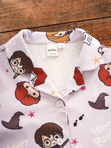 HARRY POTTER X SHEIN Young Girl Cartoon Character Print Single-Breasted Short Sleeve Top And Shorts Loungewear Set - Pink - View 4