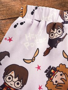 HARRY POTTER X SHEIN Young Girl Cartoon Character Print Single-Breasted Short Sleeve Top And Shorts Loungewear Set - Pink - View 6