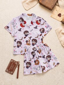 HARRY POTTER X SHEIN Young Girl Cartoon Character Print Single-Breasted Short Sleeve Top And Shorts Loungewear Set - Pink - View 8