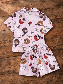 HARRY POTTER X SHEIN Young Girl Cartoon Character Print Single-Breasted Short Sleeve Top And Shorts Loungewear Set - Pink - View 2