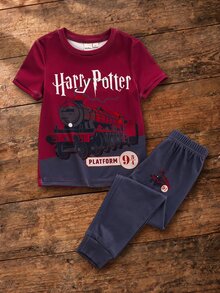 HARRY POTTER X SHEIN Young Boy Letter Cartoon Train Print Crew Neck Short Sleeve Top And Long Pants Loungewear Set - Burgundy - View 1
