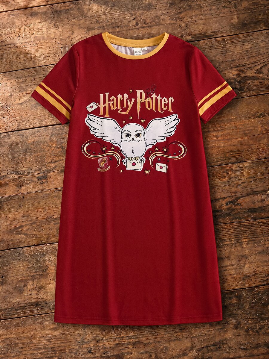 HARRY POTTER X SHEIN 青少年女孩卡通印花短袖洋裝 - 紅色 - 查看 1