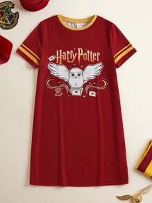 HARRY POTTER X SHEIN 青少年女孩卡通印花短袖洋裝 - 紅色 - 查看 3