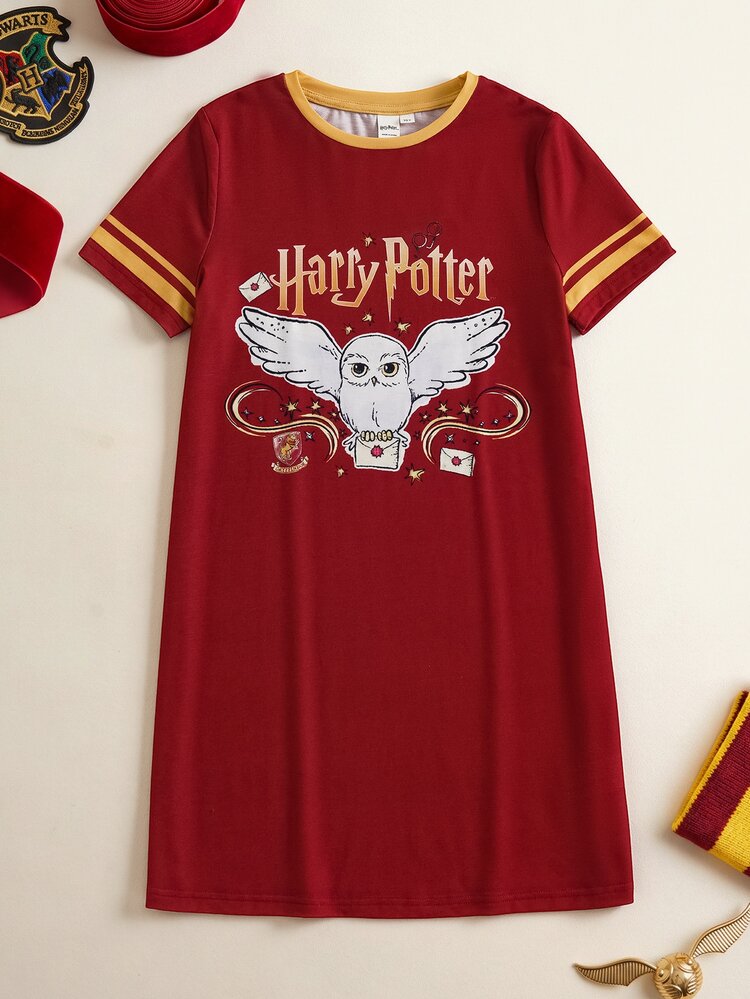 HARRY POTTER X SHEIN Tween Girl Cartoon Print Short Sleeve Dress - Red - View 3