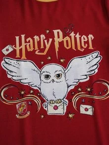 HARRY POTTER X SHEIN 青少年女孩卡通印花短袖洋裝 - 紅色 - 查看 5
