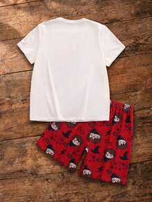 HARRY POTTER X SHEIN Tween Boy Round Neck Short Sleeve Top And Shorts Loungewear - Red and White - View 2