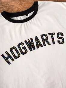 HARRY POTTER X SHEIN تي شيرت كاجوال رجالي بطبعة حروف وياقة دائرية وأكمام قصيرة - أبيض وأسود - مشاهدة 5