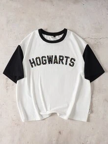 HARRY POTTER X SHEIN تي شيرت كاجوال رجالي بطبعة حروف وياقة دائرية وأكمام قصيرة - أبيض وأسود - مشاهدة 8