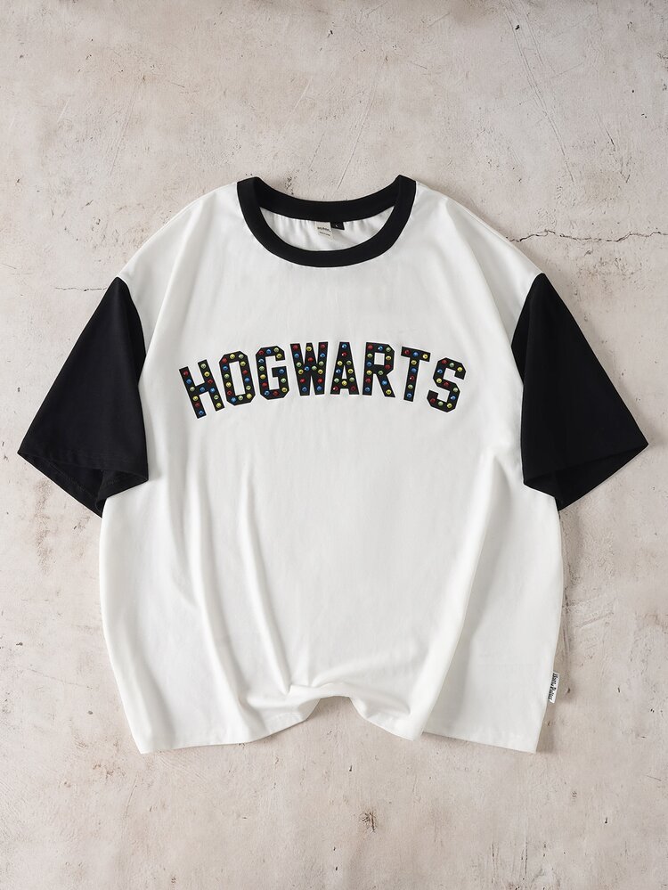 HARRY POTTER X SHEIN 男士字母印花圓領短袖休閒T恤 - 黑與白 - 查看 8