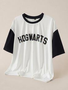 HARRY POTTER X SHEIN تي شيرت كاجوال رجالي بطبعة حروف وياقة دائرية وأكمام قصيرة - أبيض وأسود - مشاهدة 3