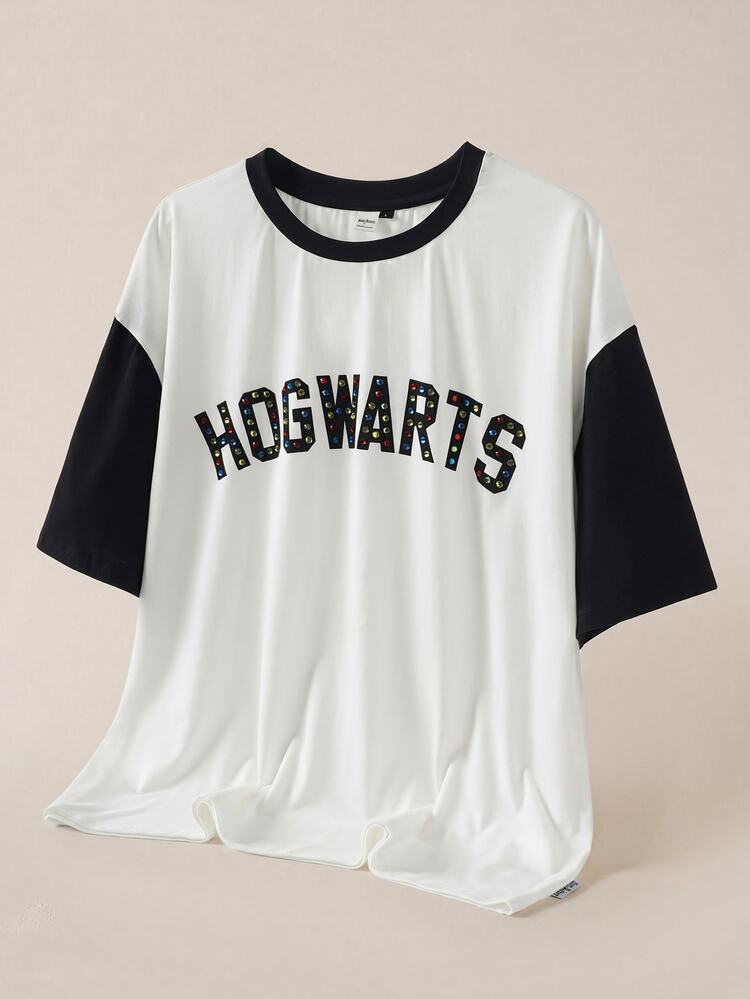 HARRY POTTER X SHEIN 男士字母印花圓領短袖休閒T恤 - 黑與白 - 查看 3