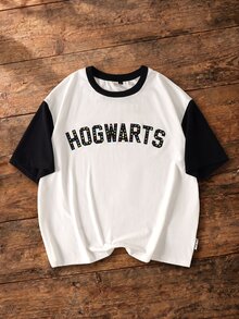 HARRY POTTER X SHEIN تي شيرت كاجوال رجالي بطبعة حروف وياقة دائرية وأكمام قصيرة - أبيض وأسود - مشاهدة 1