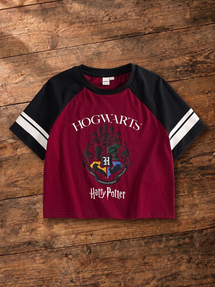 HARRY POTTER X SHEIN Tween Girl Colorblock Patchwork Letter Print T-Shirt - Red - View 1
