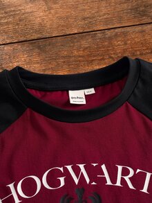 HARRY POTTER X SHEIN Tween Girl Colorblock Patchwork Letter Print T-Shirt - Red - View 4