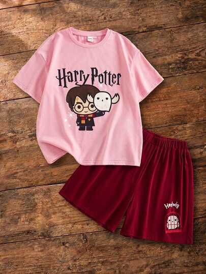 HARRY POTTER X SHEIN Tween Girl Letter Print Short Sleeve T-Shirt And Shorts Set
