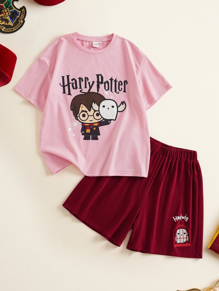 HARRY POTTER X SHEIN Tween Girl Letter Print Short Sleeve T-Shirt And Shorts Set - Pink - View 8