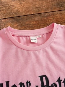 HARRY POTTER X SHEIN 青少年女孩字母印花短袖T恤與短褲套裝 - 粉色 - 查看 4