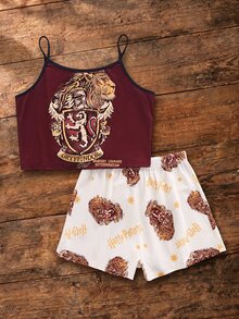 HARRY POTTER X SHEIN 2pcs Fun Casual Style Tween Girl Camisole Top And Shorts Comfortable 2 Pieces Loungewear Set - Multicolor - View 1