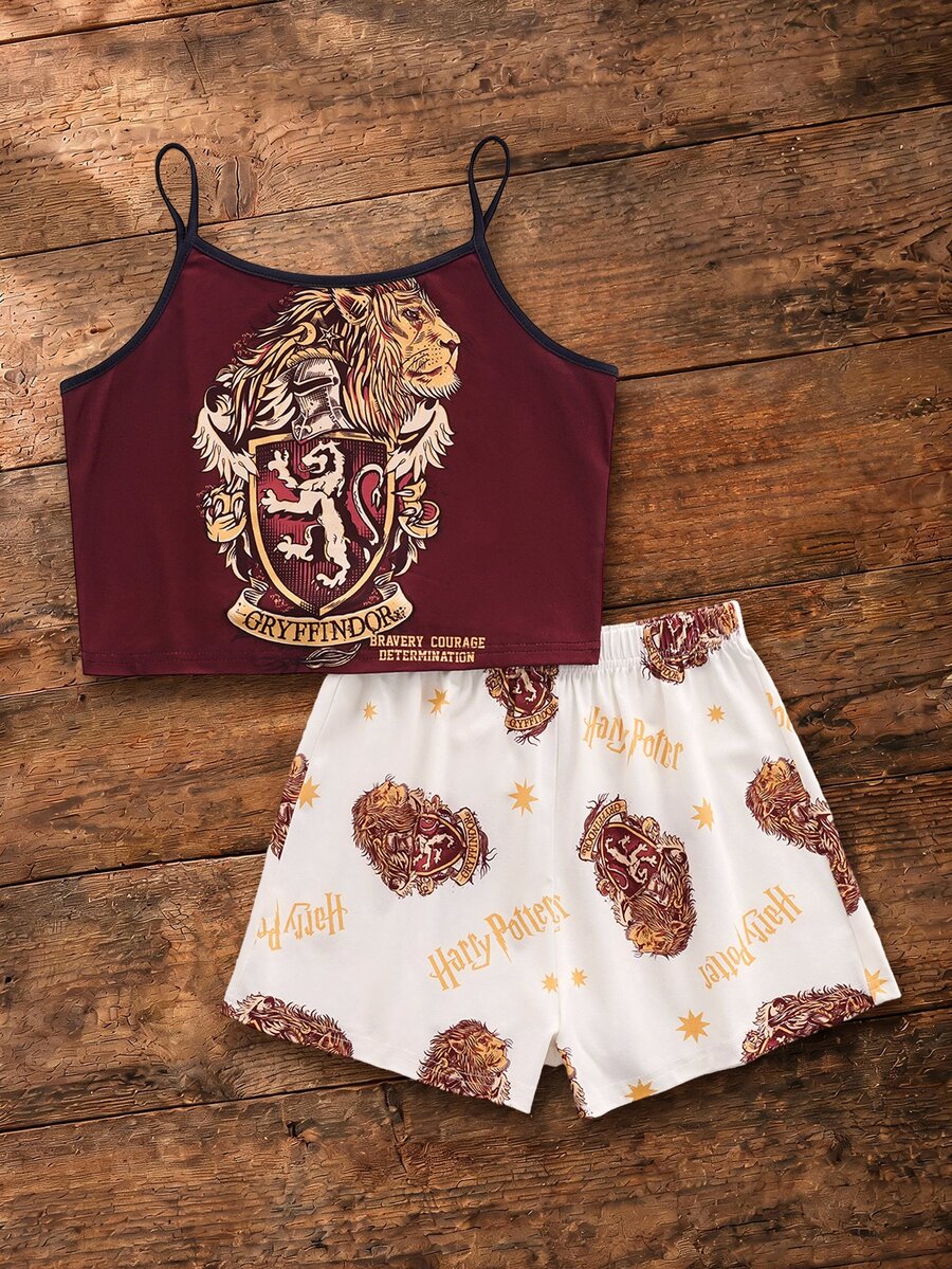 HARRY POTTER X SHEIN 2pcs Fun Casual Style Tween Girl Camisole Top And Shorts Comfortable 2 Pieces Loungewear Set - Multicolor - View 1