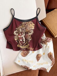 HARRY POTTER X SHEIN 2pcs Fun Casual Style Tween Girl Camisole Top And Shorts Comfortable 2 Pieces Loungewear Set - Multicolor - View 3