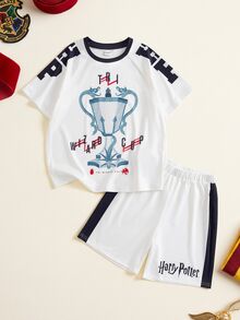 HARRY POTTER X SHEIN Tween Boy Crew Neck Trophy Graphic Short Sleeve T-Shirt And Shorts Casual Daily Set - White - View 9