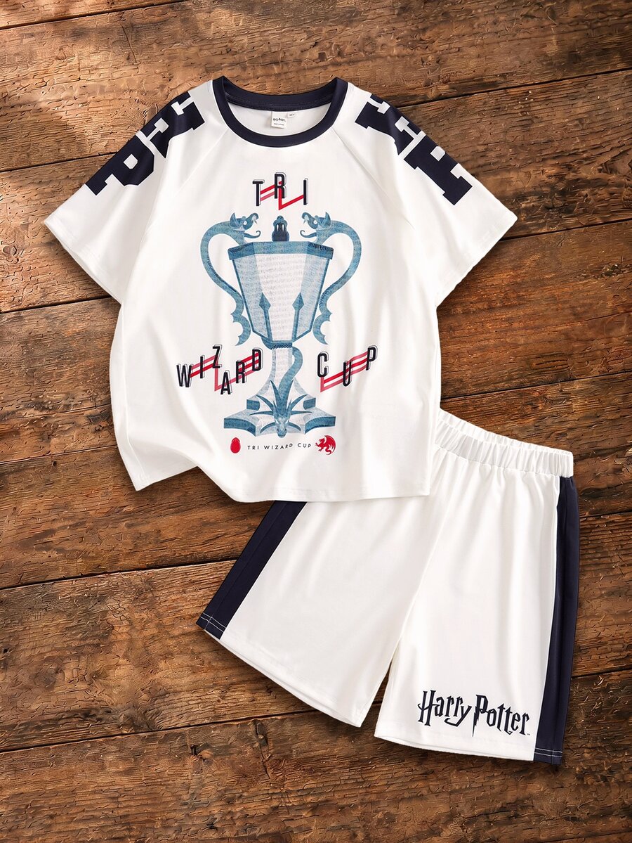HARRY POTTER X SHEIN Tween Boy Crew Neck Trophy Graphic Short Sleeve T-Shirt And Shorts Casual Daily Set - White - View 1