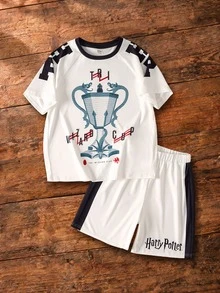 HARRY POTTER X SHEIN Tween Boy Crew Neck Trophy Graphic Short Sleeve T-Shirt And Shorts Casual Daily Set - White - View 3