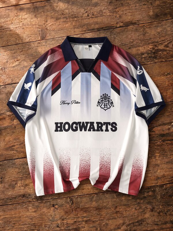 HARRY POTTER X SHEIN Camisa polo às riscas com blocos de cor para homem