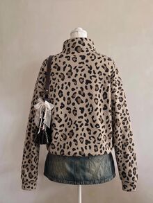 SHEIN EZwear 女款時尚小立領長袖運動衫，街頭豹紋印花圖案，休閒都市返校穿搭 - 彩色 - 查看 2