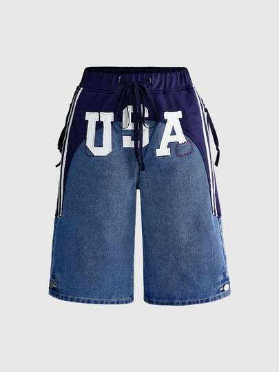Street Life Short en jean pour femme, patchwork bleu marine, cordon de serrage, style street, festival de musique, style universitaire, sport, polyvalent, décontracté, garçon
