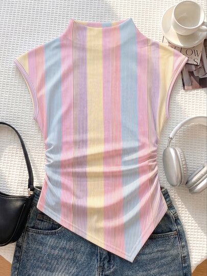 Tween Girls Knit Textured Fitted Cropped Tank Top, Casual Urban Outfit, Ruched Asymmetrical Hem Short Sleeve Fashion